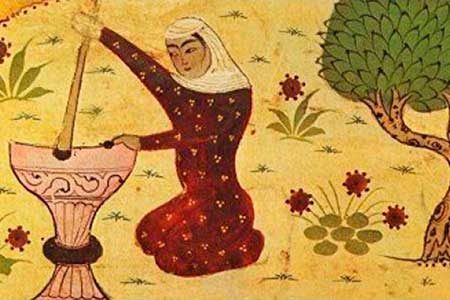 Rabia de Basora moliendo grano durante su esclavitud. Ilustración en una enciclopedia persa del siglo xvi.
